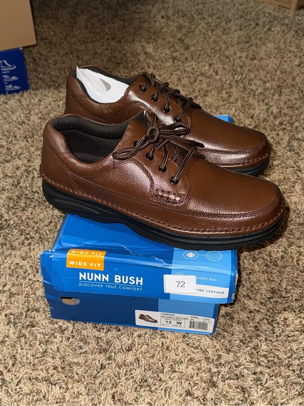 Nunn Bush Mens 12 W Cameron Genuine Leather Comfort Gel Brown Lace Up Shoes NIB
